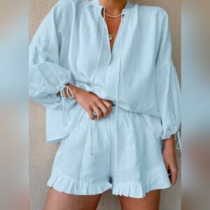 NWT Linen Cotton Blend 2pc Ruffle Short Set In Powder